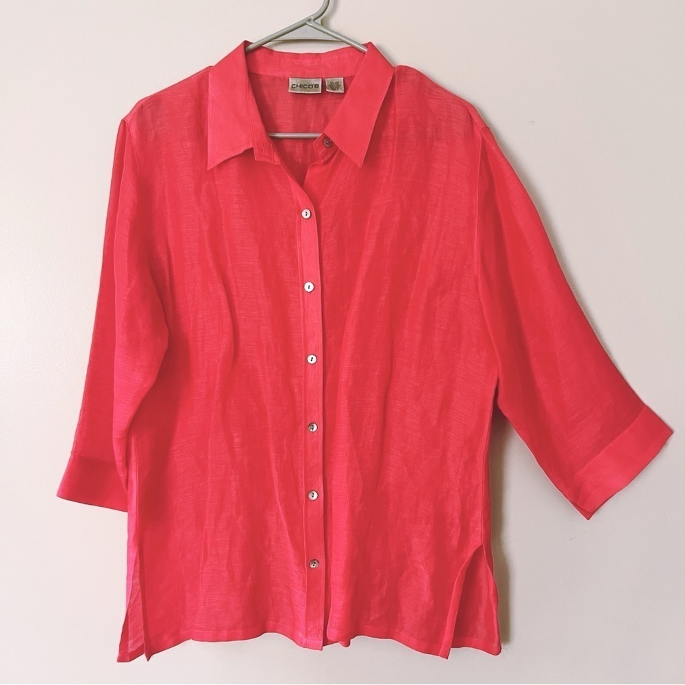 Chicos Silk Linen Button Down Shirt Large 12 Pink Red Quiet Luxury Coastal Chic